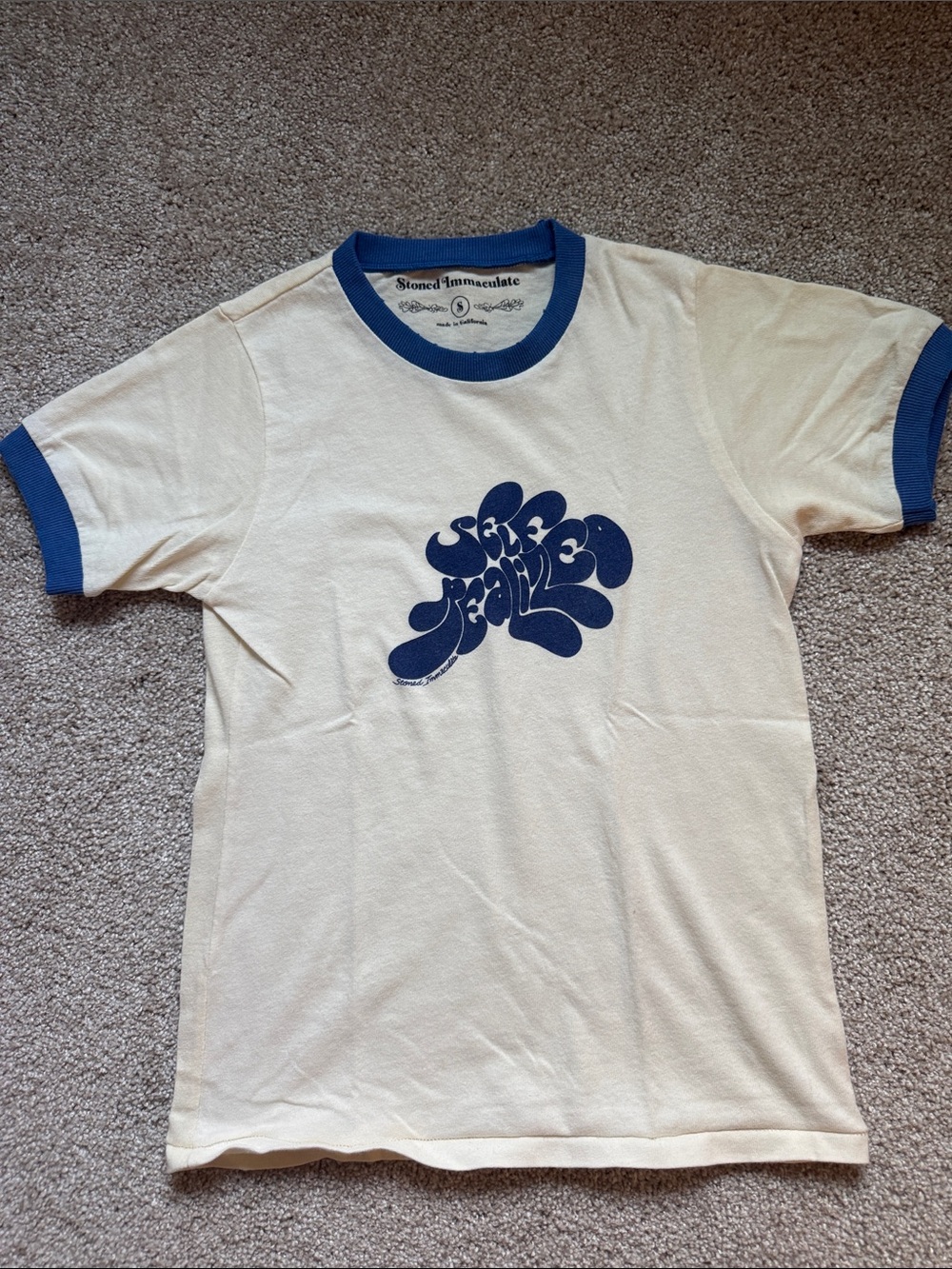 Stoned Immaculate Cream Ringer Tee with Blue Graphic Logo “Self Realized” Small